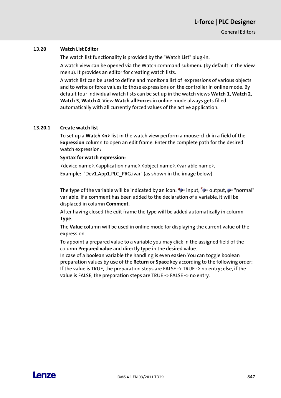 Watch list editor, Create watch list, L-force | plc designer | Lenze PLC Designer PLC Designer (R3-1) User Manual | Page 849 / 1170