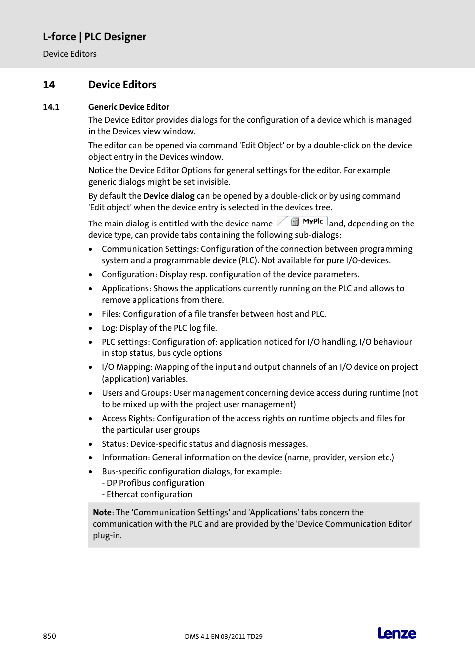 14 device editors, Generic device editor, Device editors | L-force | plc designer | Lenze PLC Designer PLC Designer (R3-1) User Manual | Page 852 / 1170