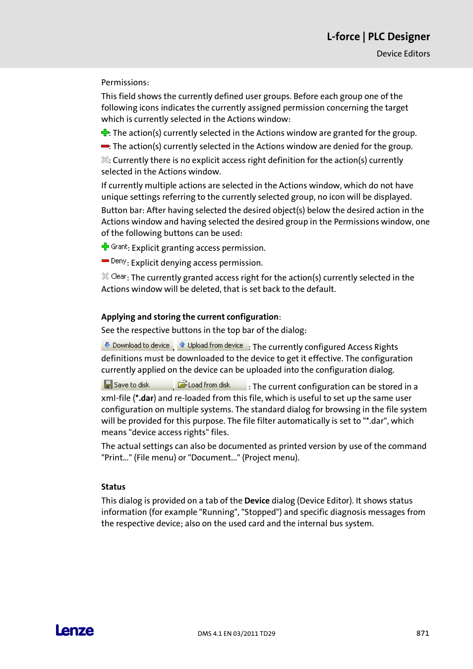 Status, L-force | plc designer | Lenze PLC Designer PLC Designer (R3-1) User Manual | Page 873 / 1170