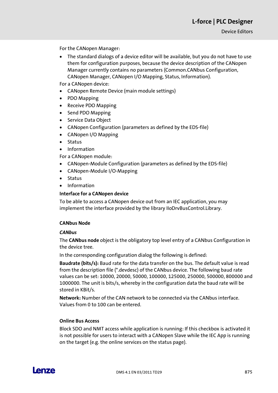 Canbus node, Canbus, L-force | plc designer | Lenze PLC Designer PLC Designer (R3-1) User Manual | Page 877 / 1170