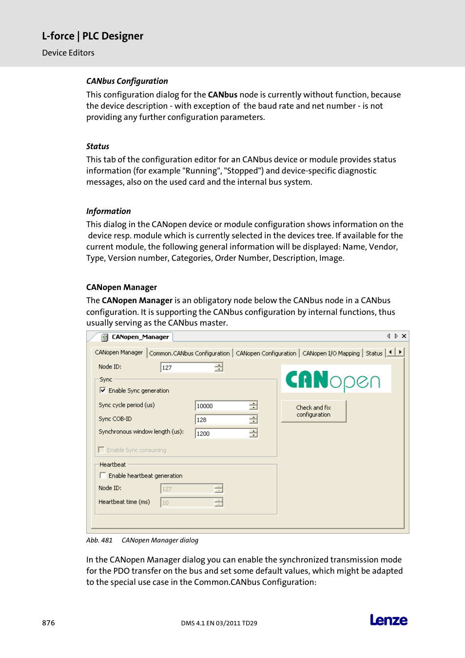 Canbus configuration, Status, Information | Canopen manager, L-force | plc designer | Lenze PLC Designer PLC Designer (R3-1) User Manual | Page 878 / 1170