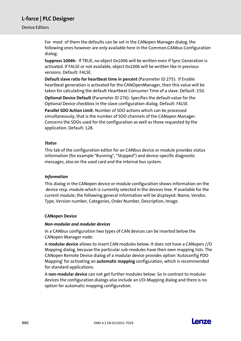 Status, Information, Canopen device | Non-modular and modular devices, L-force | plc designer | Lenze PLC Designer PLC Designer (R3-1) User Manual | Page 882 / 1170