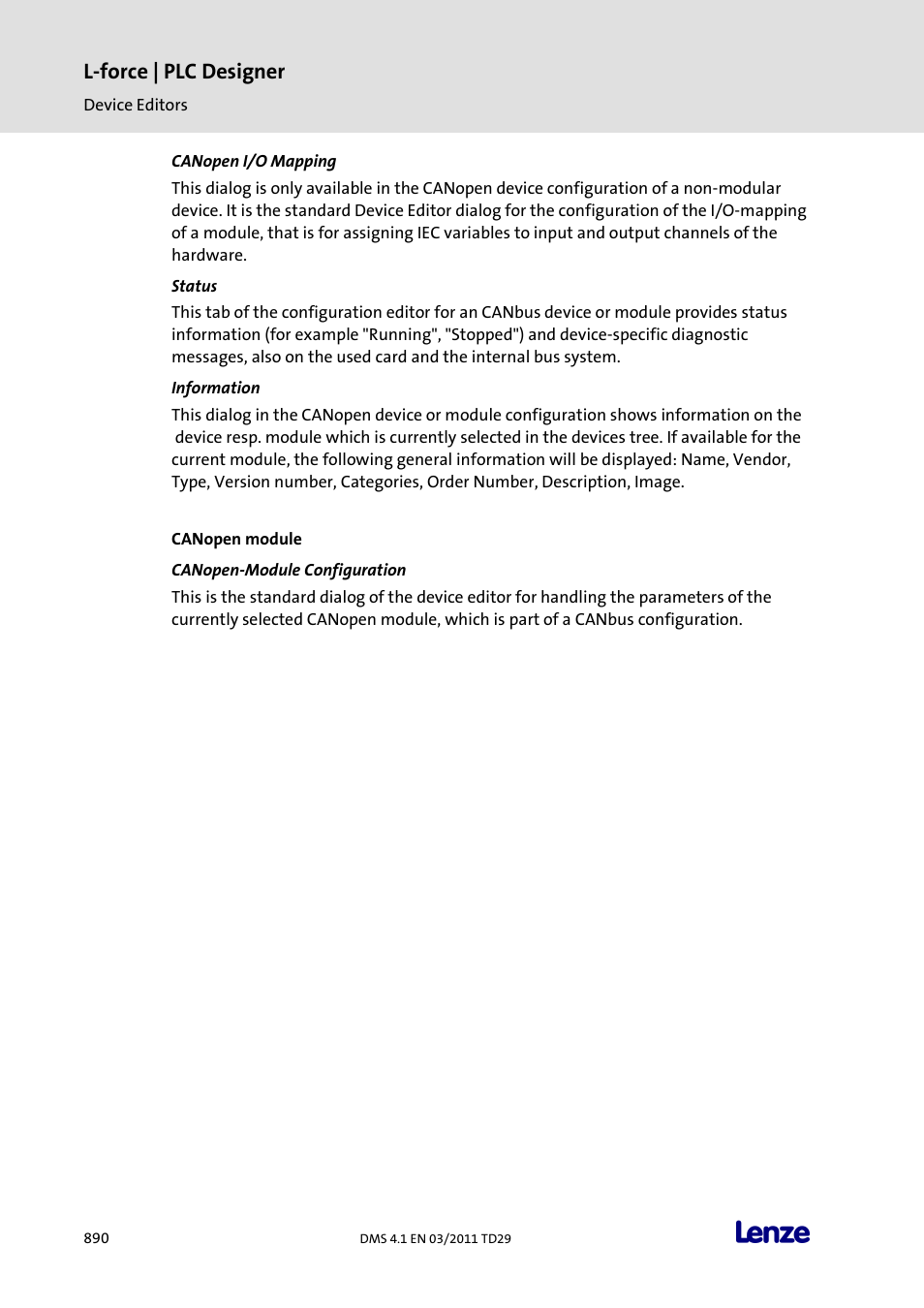 Canopen i/o mapping, Status, Information | Canopen module, Canopen-module configuration, L-force | plc designer | Lenze PLC Designer PLC Designer (R3-1) User Manual | Page 892 / 1170