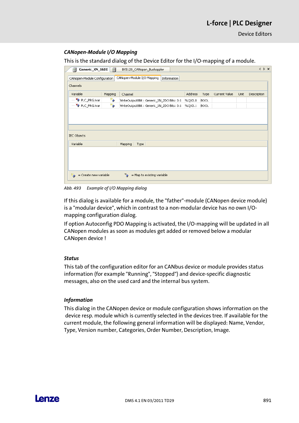 Canopen-module i/o mapping, Status, Information | L-force | plc designer | Lenze PLC Designer PLC Designer (R3-1) User Manual | Page 893 / 1170