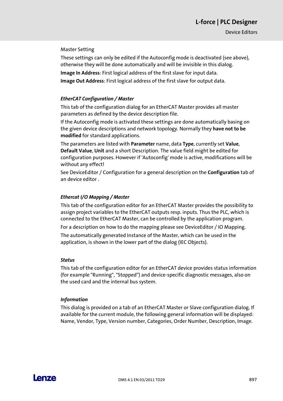 Ethercat configuration / master, Ethercat i/o mapping / master, Status | Information, L-force | plc designer | Lenze PLC Designer PLC Designer (R3-1) User Manual | Page 899 / 1170