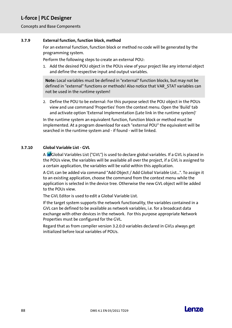 External function, function block, method, Global variable list - gvl, L-force | plc designer | Lenze PLC Designer PLC Designer (R3-1) User Manual | Page 90 / 1170