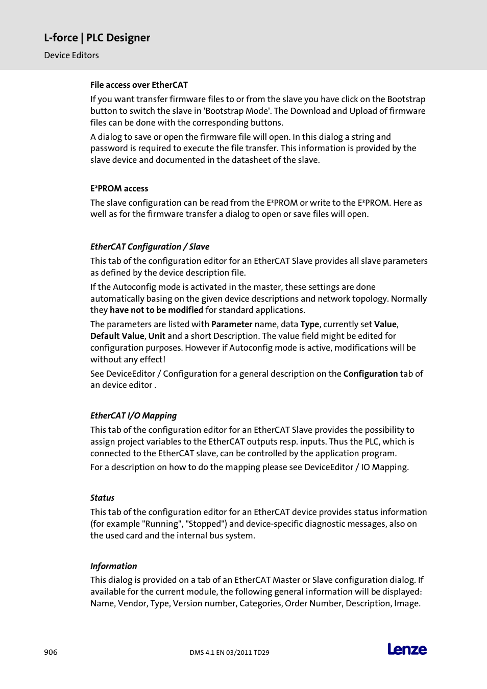 Ethercat configuration / slave, Ethercat i/o mapping, Status | Information, L-force | plc designer | Lenze PLC Designer PLC Designer (R3-1) User Manual | Page 908 / 1170