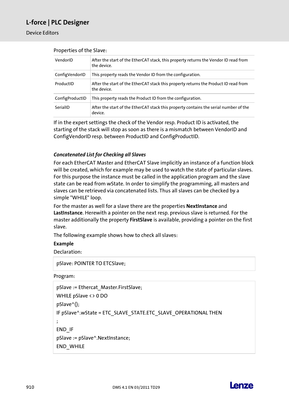 Concatenated list for checking all slaves, L-force | plc designer | Lenze PLC Designer PLC Designer (R3-1) User Manual | Page 912 / 1170