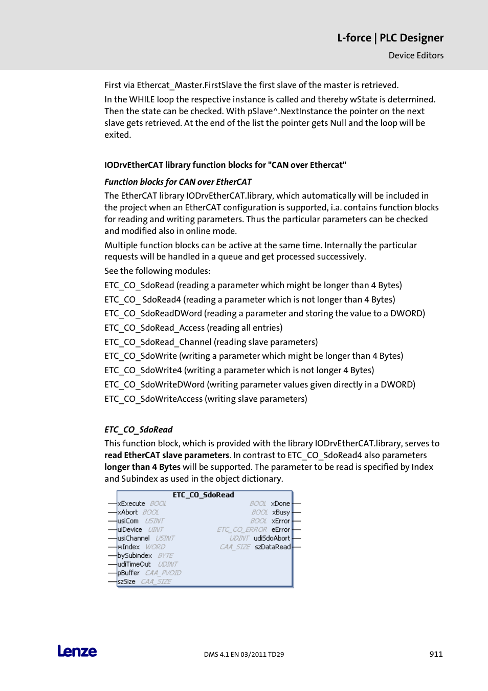 Function blocks for can over ethercat, Etc_co_sdoread, L-force | plc designer | Lenze PLC Designer PLC Designer (R3-1) User Manual | Page 913 / 1170