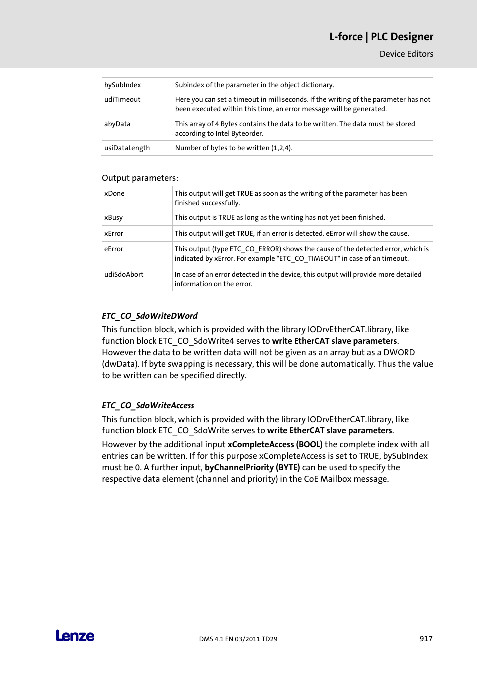 Etc_co_sdowritedword, Etc_co_sdowriteaccess, L-force | plc designer | Lenze PLC Designer PLC Designer (R3-1) User Manual | Page 919 / 1170