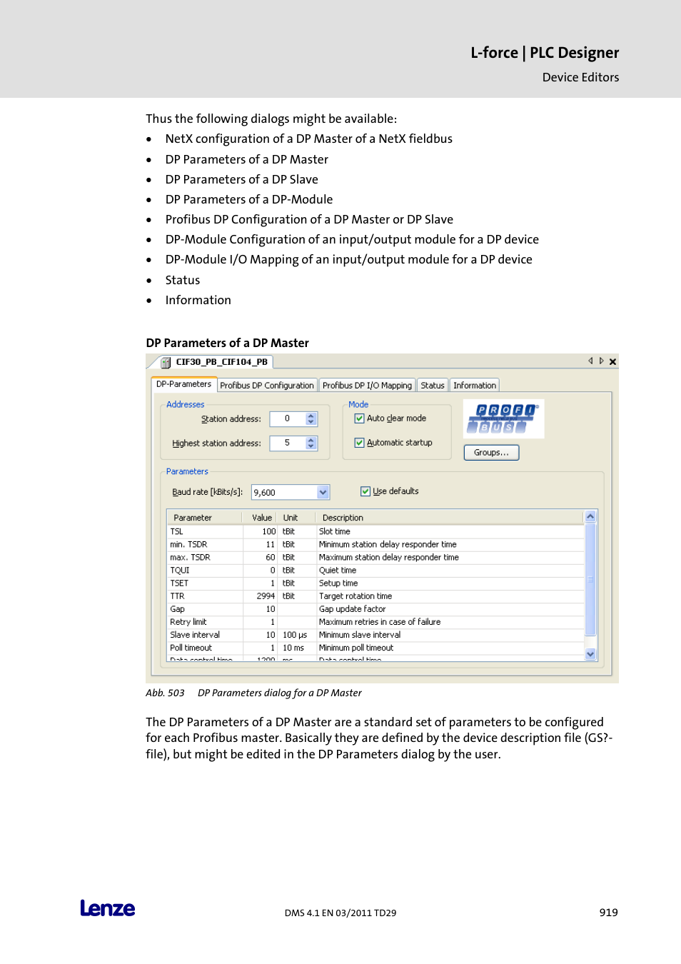 Dp parameters of a dp master, L-force | plc designer | Lenze PLC Designer PLC Designer (R3-1) User Manual | Page 921 / 1170