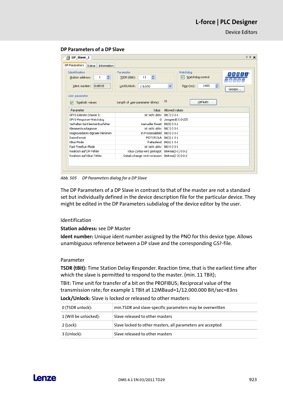 Dp parameters of a dp slave, L-force | plc designer | Lenze PLC Designer PLC Designer (R3-1) User Manual | Page 925 / 1170