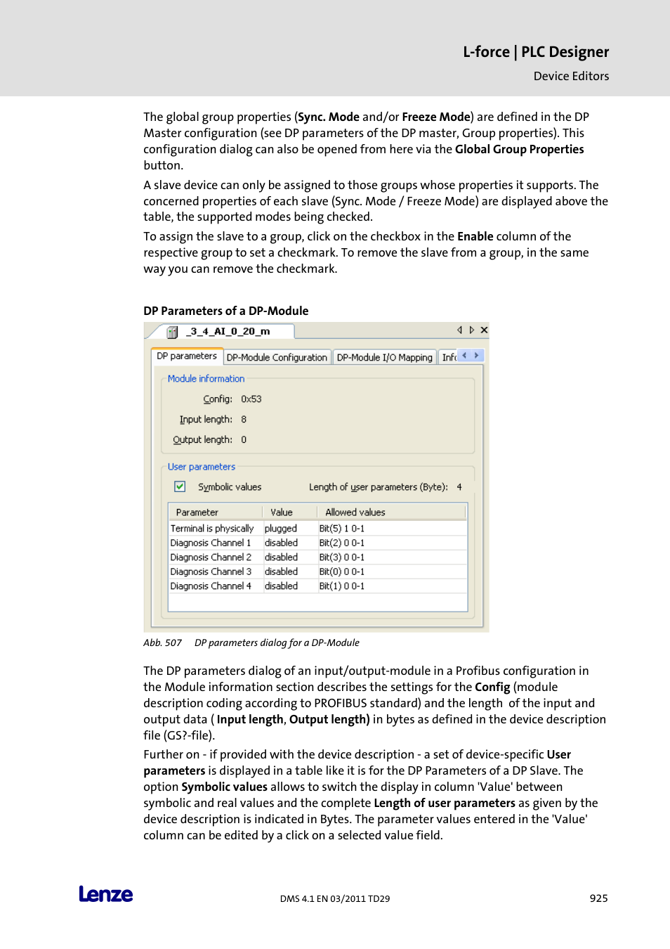 Dp parameters of a dp-module, L-force | plc designer | Lenze PLC Designer PLC Designer (R3-1) User Manual | Page 927 / 1170