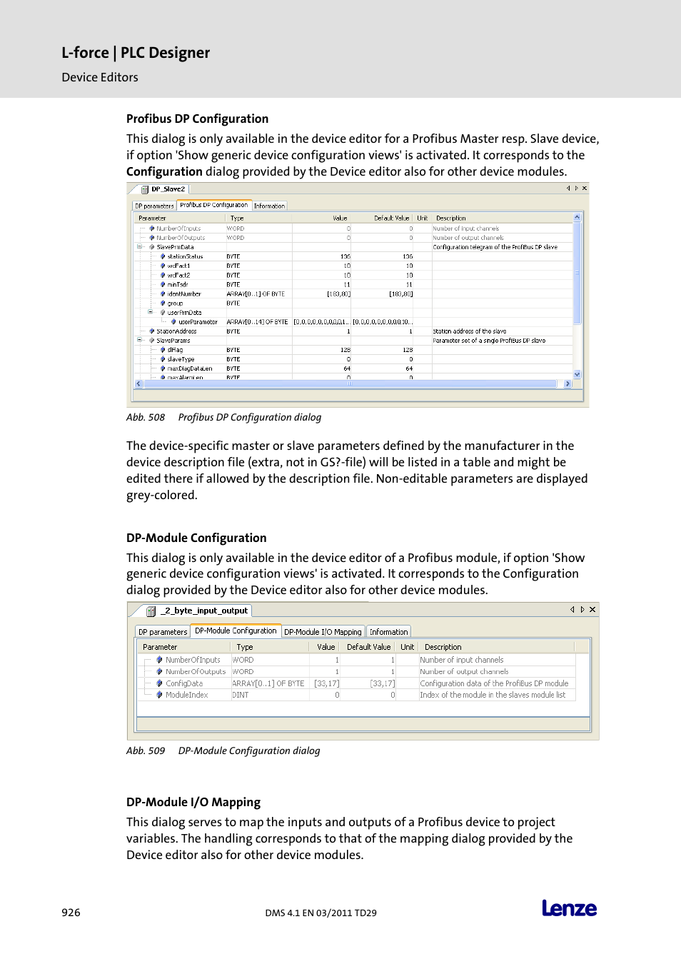 Profibus dp configuration, Dp-module configuration, Dp-module i/o mapping | L-force | plc designer | Lenze PLC Designer PLC Designer (R3-1) User Manual | Page 928 / 1170