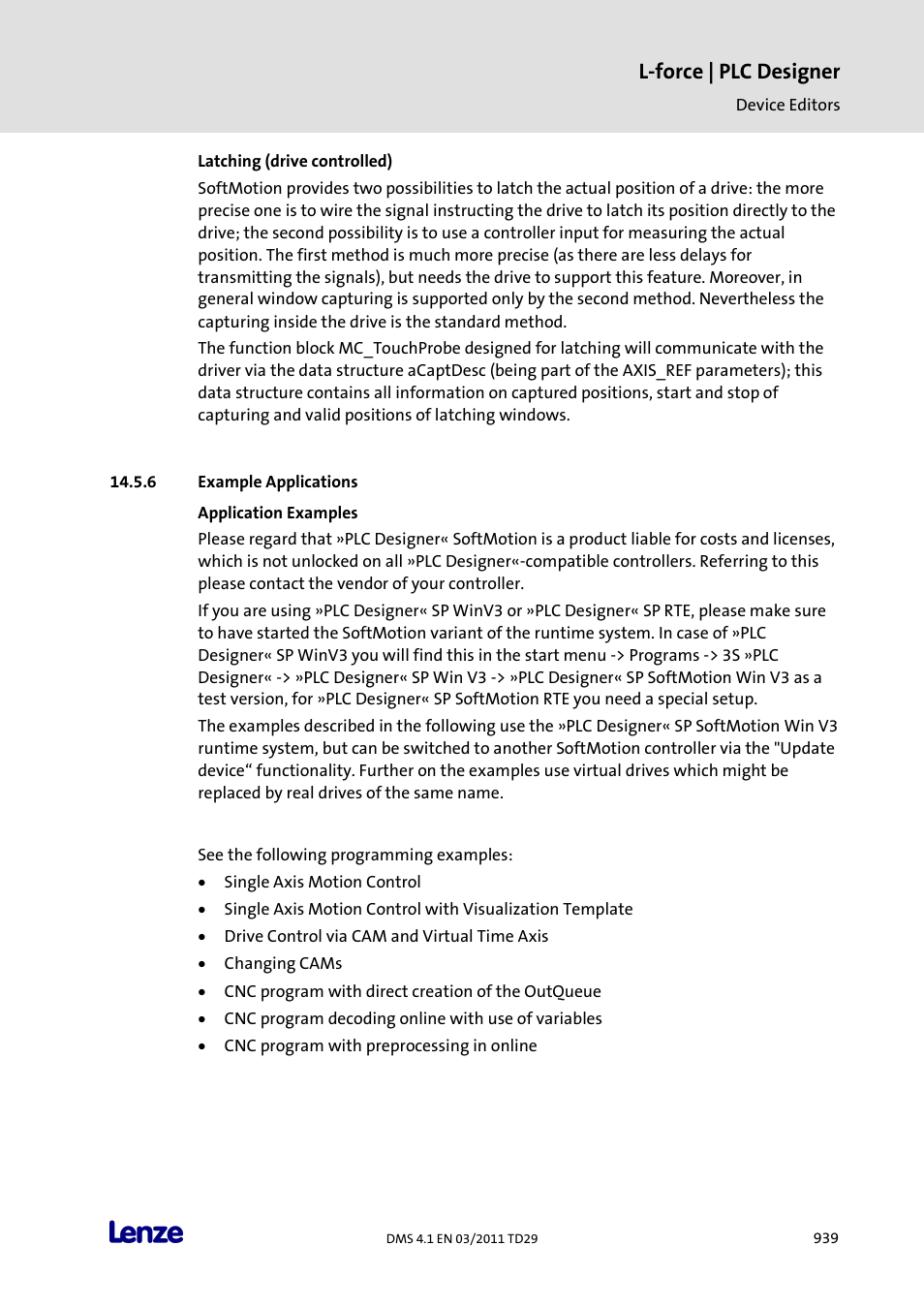 6 example applications, Application examples, Example applications | L-force | plc designer | Lenze PLC Designer PLC Designer (R3-1) User Manual | Page 941 / 1170