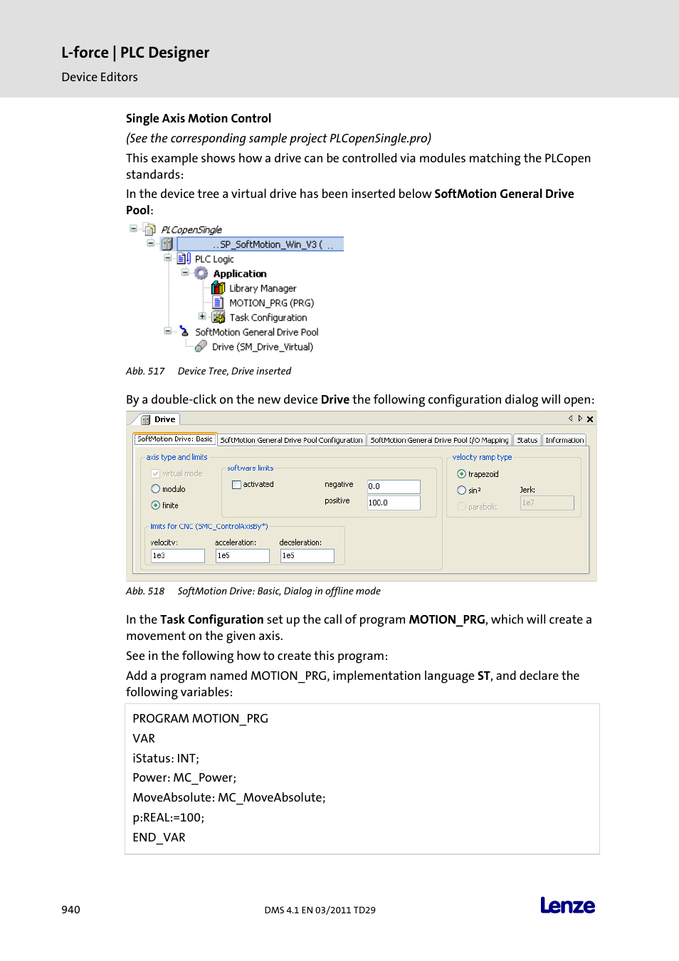 Single axis motion control, L-force | plc designer | Lenze PLC Designer PLC Designer (R3-1) User Manual | Page 942 / 1170