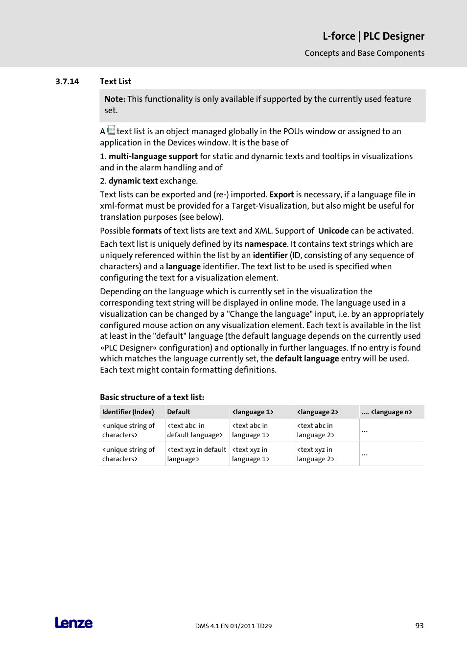 Text list, L-force | plc designer | Lenze PLC Designer PLC Designer (R3-1) User Manual | Page 95 / 1170