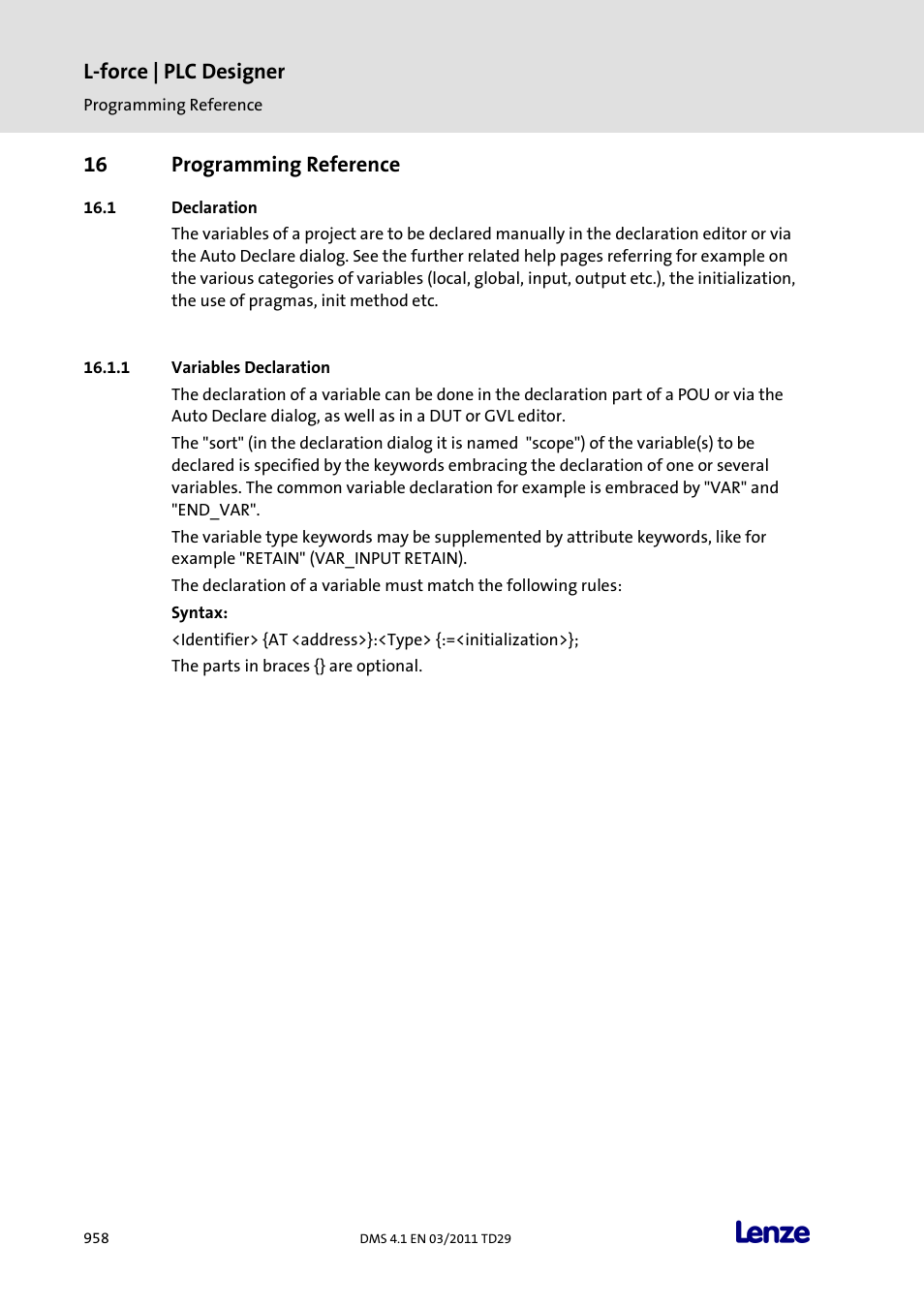16 programming reference, Declaration, Variables declaration | Programming reference, L-force | plc designer | Lenze PLC Designer PLC Designer (R3-1) User Manual | Page 960 / 1170