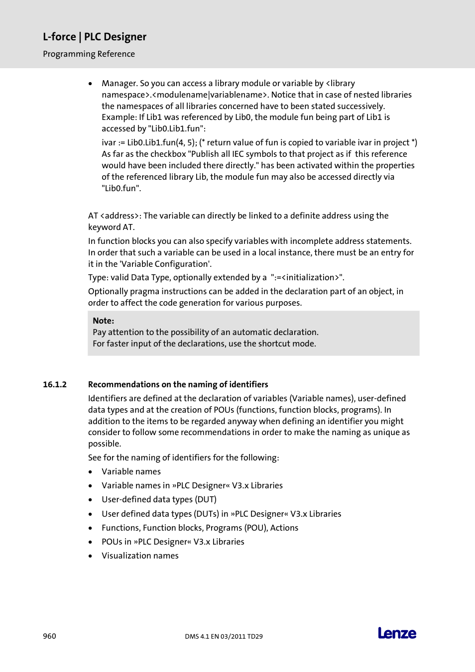 Recommendations on the naming of identifiers, L-force | plc designer | Lenze PLC Designer PLC Designer (R3-1) User Manual | Page 962 / 1170