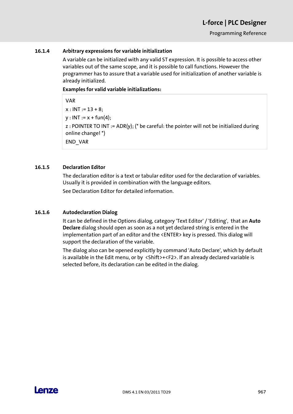 Arbitrary expressions for variable initialization, Declaration editor, Autodeclaration dialog | L-force | plc designer | Lenze PLC Designer PLC Designer (R3-1) User Manual | Page 969 / 1170