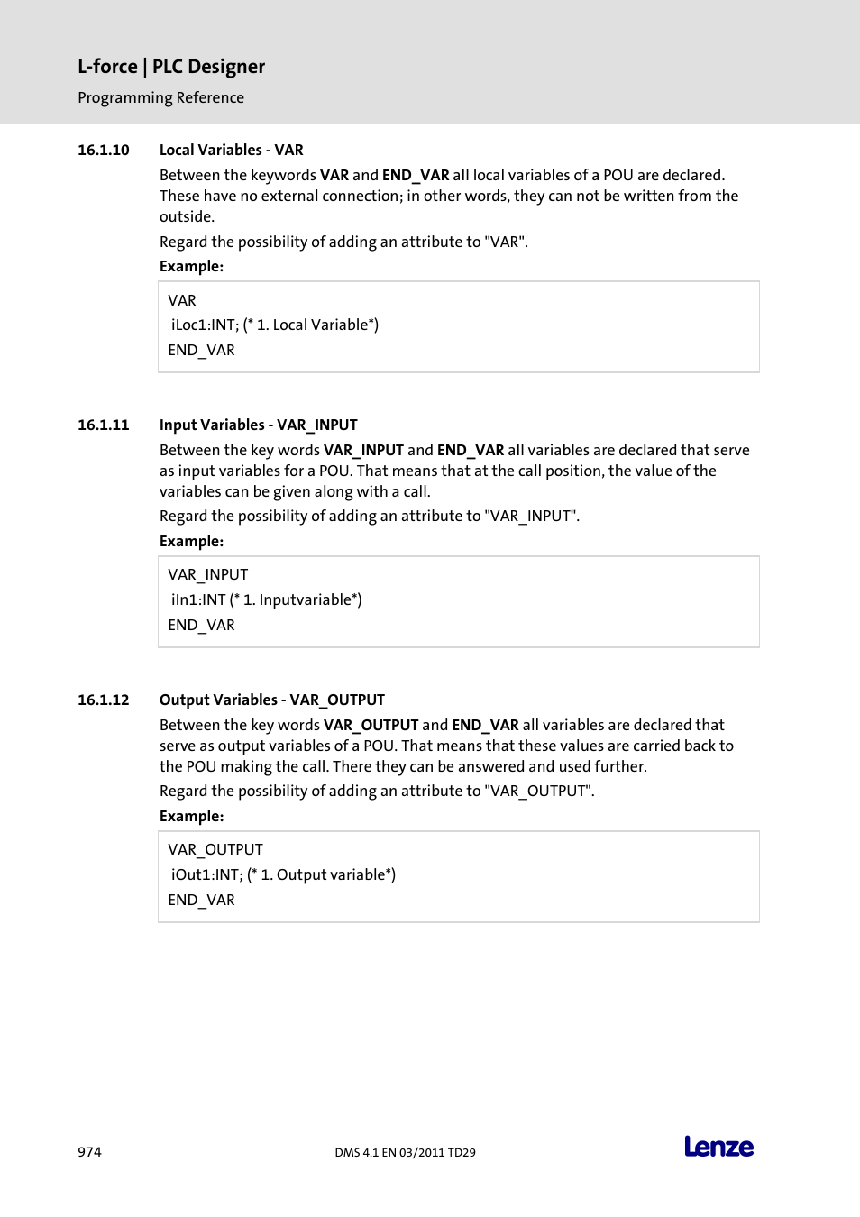 Local variables - var, Input variables - var_input, Output variables - var_output | L-force | plc designer | Lenze PLC Designer PLC Designer (R3-1) User Manual | Page 976 / 1170