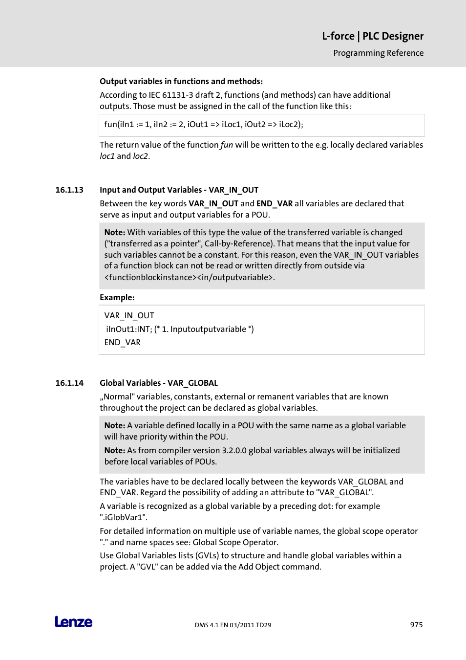 Input and output variables - var_in_out, Global variables - var_global, L-force | plc designer | Lenze PLC Designer PLC Designer (R3-1) User Manual | Page 977 / 1170