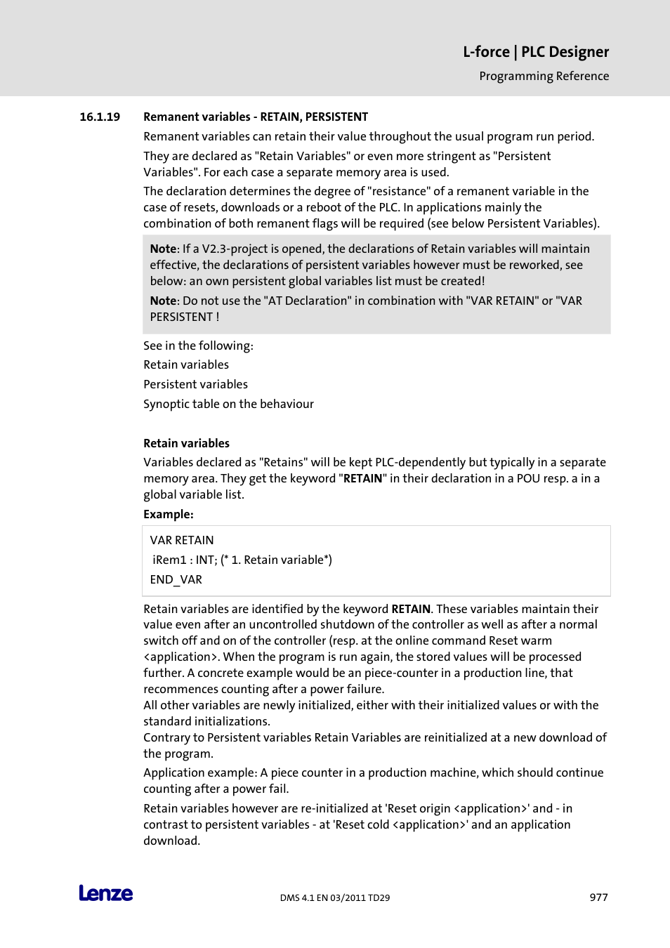 Remanent variables - retain, persistent, L-force | plc designer | Lenze PLC Designer PLC Designer (R3-1) User Manual | Page 979 / 1170