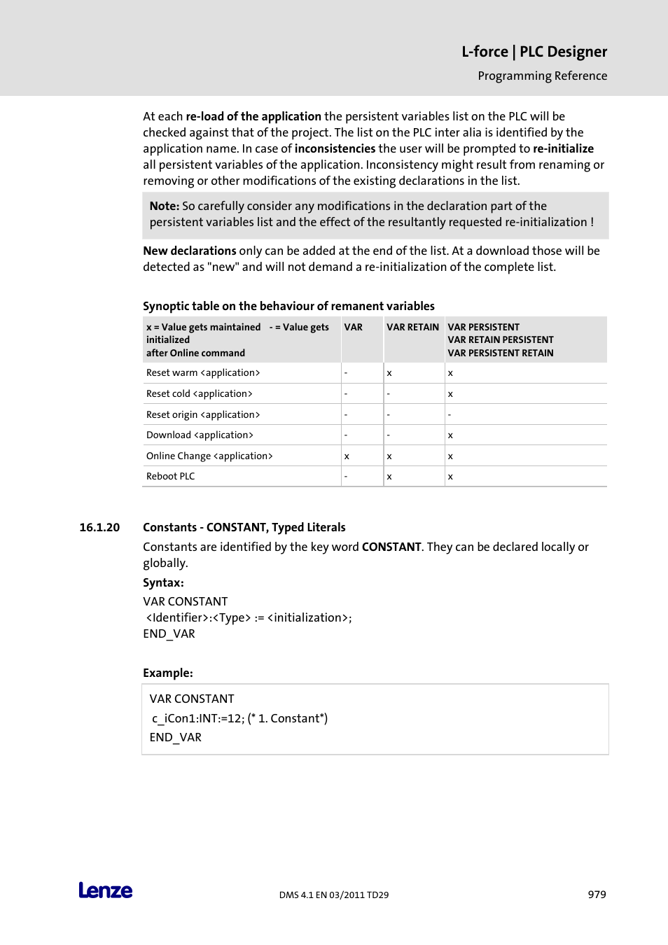 Constants - constant, typed literals, L-force | plc designer | Lenze PLC Designer PLC Designer (R3-1) User Manual | Page 981 / 1170