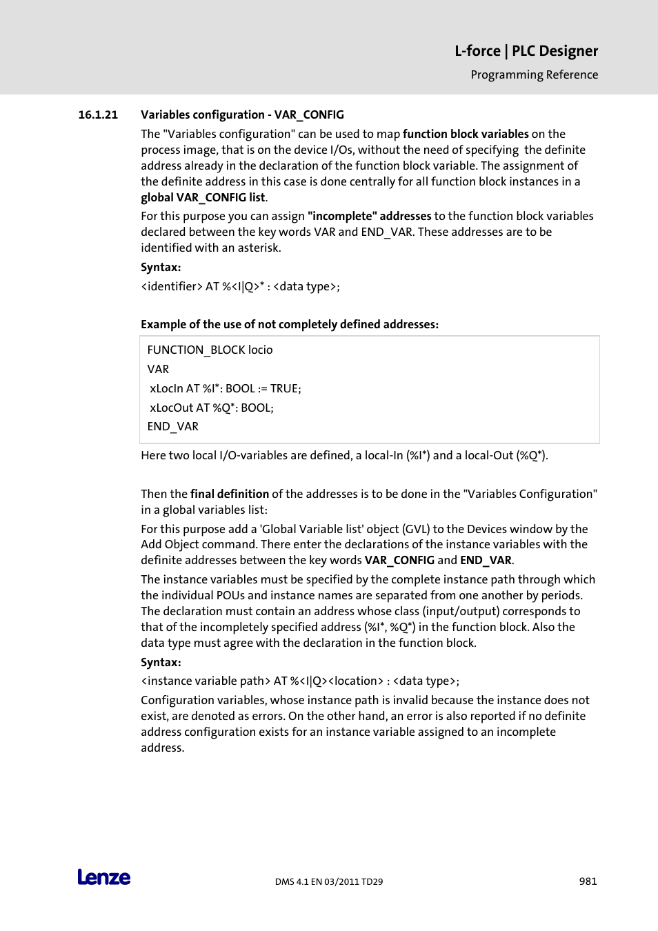 Variables configuration - var_config, L-force | plc designer | Lenze PLC Designer PLC Designer (R3-1) User Manual | Page 983 / 1170