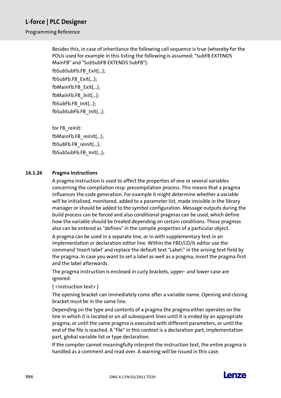 Pragma instructions, L-force | plc designer | Lenze PLC Designer PLC Designer (R3-1) User Manual | Page 988 / 1170