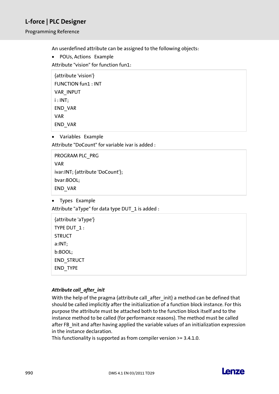 Attribute call_after_init, L-force | plc designer | Lenze PLC Designer PLC Designer (R3-1) User Manual | Page 992 / 1170