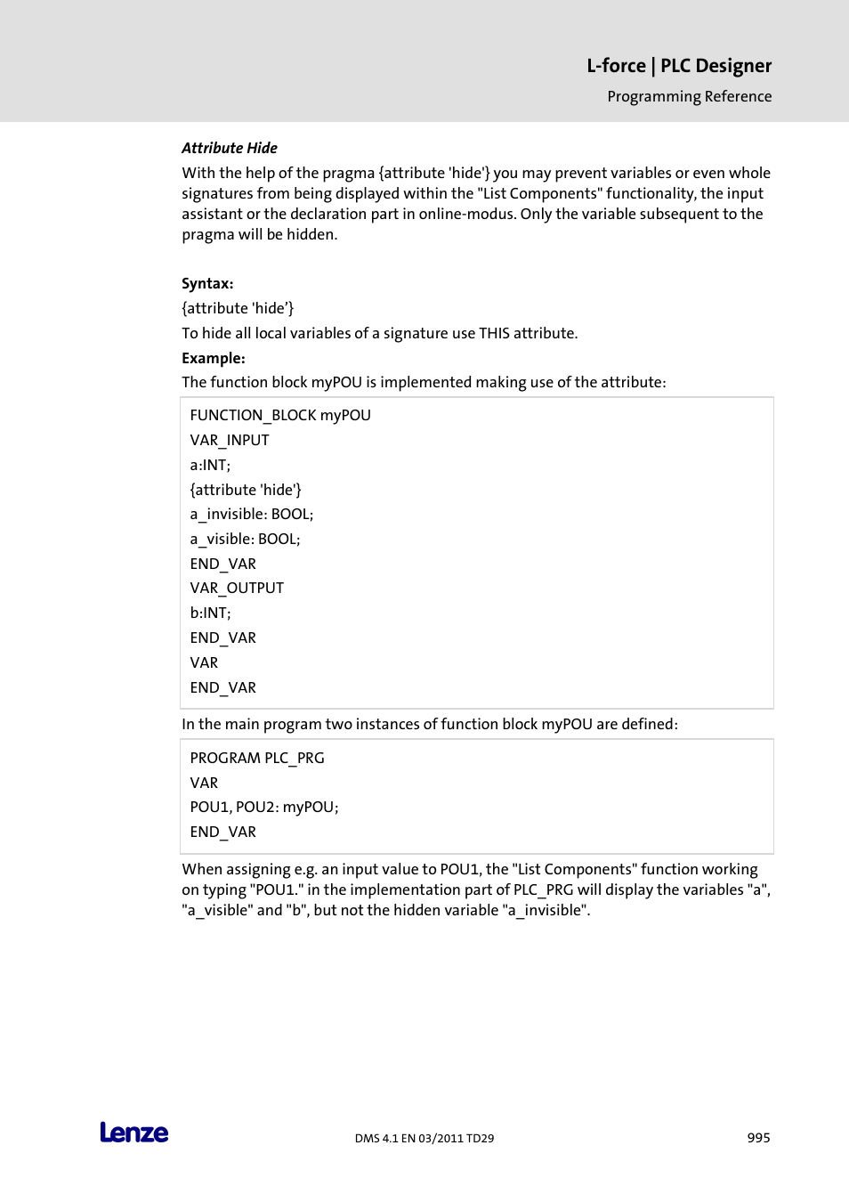 Attribute hide, L-force | plc designer | Lenze PLC Designer PLC Designer (R3-1) User Manual | Page 997 / 1170