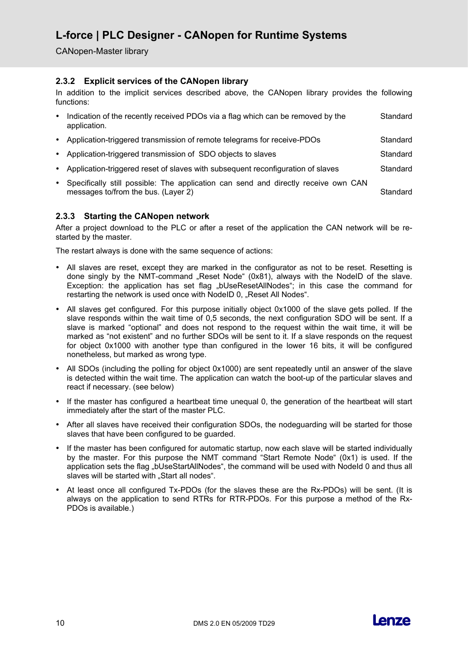 2 explicit services of the canopen library, 3 starting the canopen network, Explicit services of the canopen library | Starting the canopen network | Lenze PLC Designer PLC Designer (R2-x) CANopen for Runtime Systems User Manual | Page 11 / 56