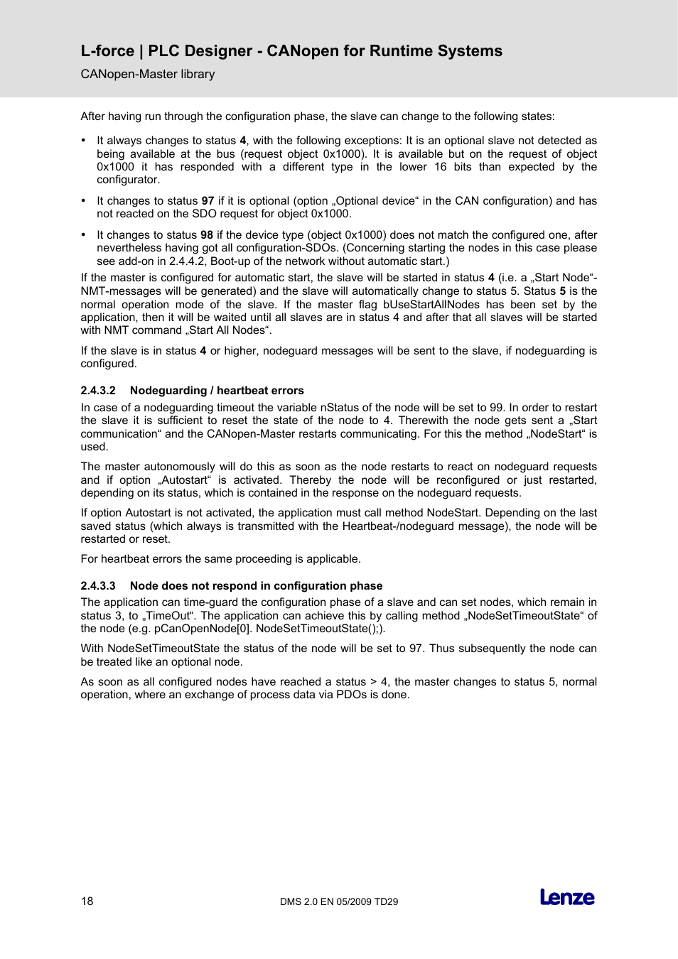 2 nodeguarding / heartbeat errors, 3 node does not respond in configuration phase | Lenze PLC Designer PLC Designer (R2-x) CANopen for Runtime Systems User Manual | Page 19 / 56