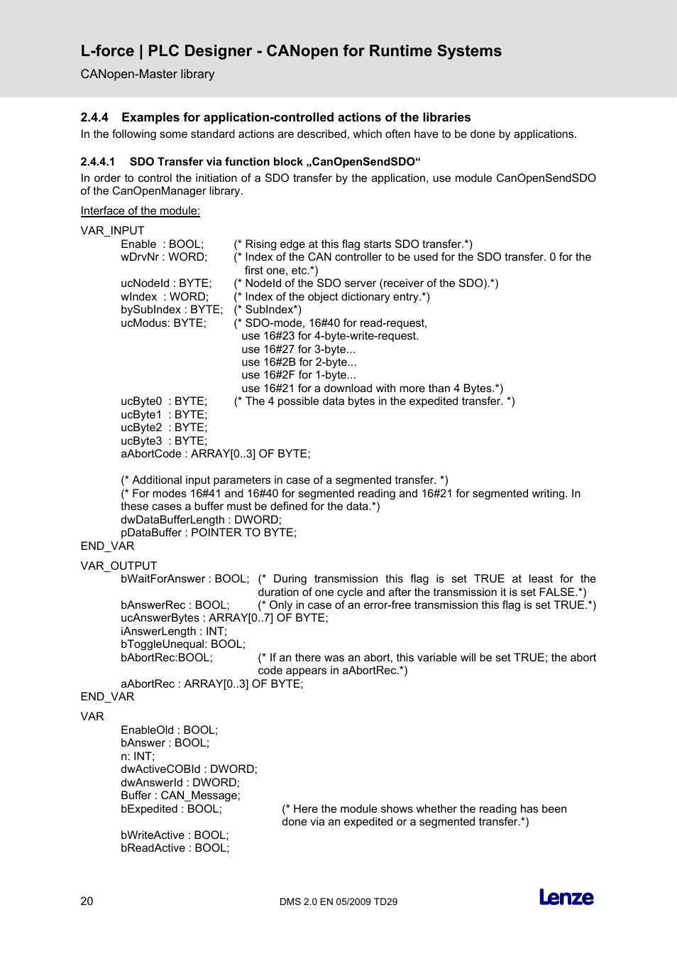 1 sdo transfer via function block „canopensendsdo | Lenze PLC Designer PLC Designer (R2-x) CANopen for Runtime Systems User Manual | Page 21 / 56