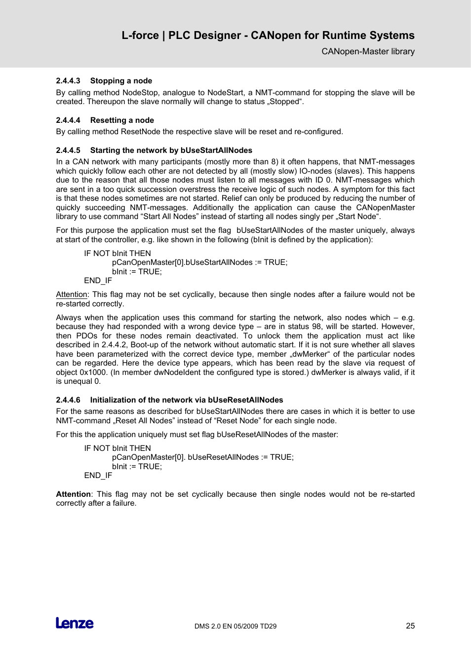 3 stopping a node, 4 resetting a node, 5 starting the network by busestartallnodes | Lenze PLC Designer PLC Designer (R2-x) CANopen for Runtime Systems User Manual | Page 26 / 56