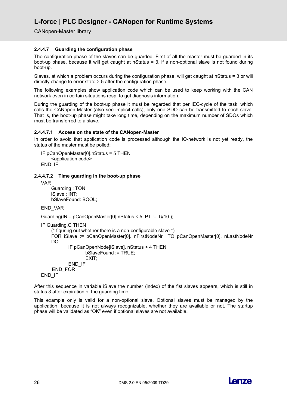 7 guarding the configuration phase, 1 access on the state of the canopen-master, 2 time guarding in the boot-up phase | Lenze PLC Designer PLC Designer (R2-x) CANopen for Runtime Systems User Manual | Page 27 / 56