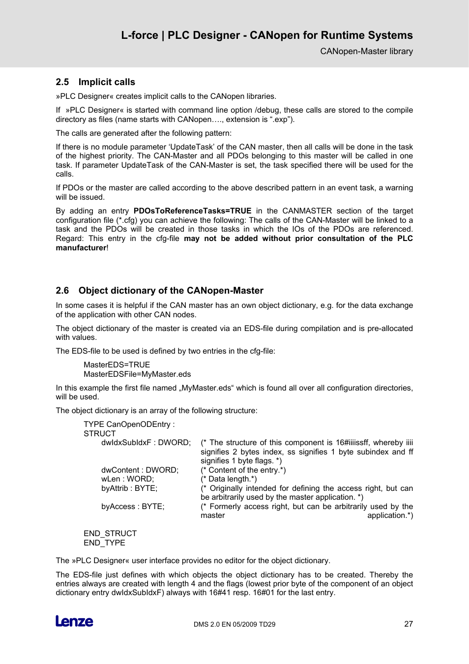 5 implicit calls, 6 object dictionary of the canopen-master, Implicit calls | Object dictionary of the canopen-master | Lenze PLC Designer PLC Designer (R2-x) CANopen for Runtime Systems User Manual | Page 28 / 56