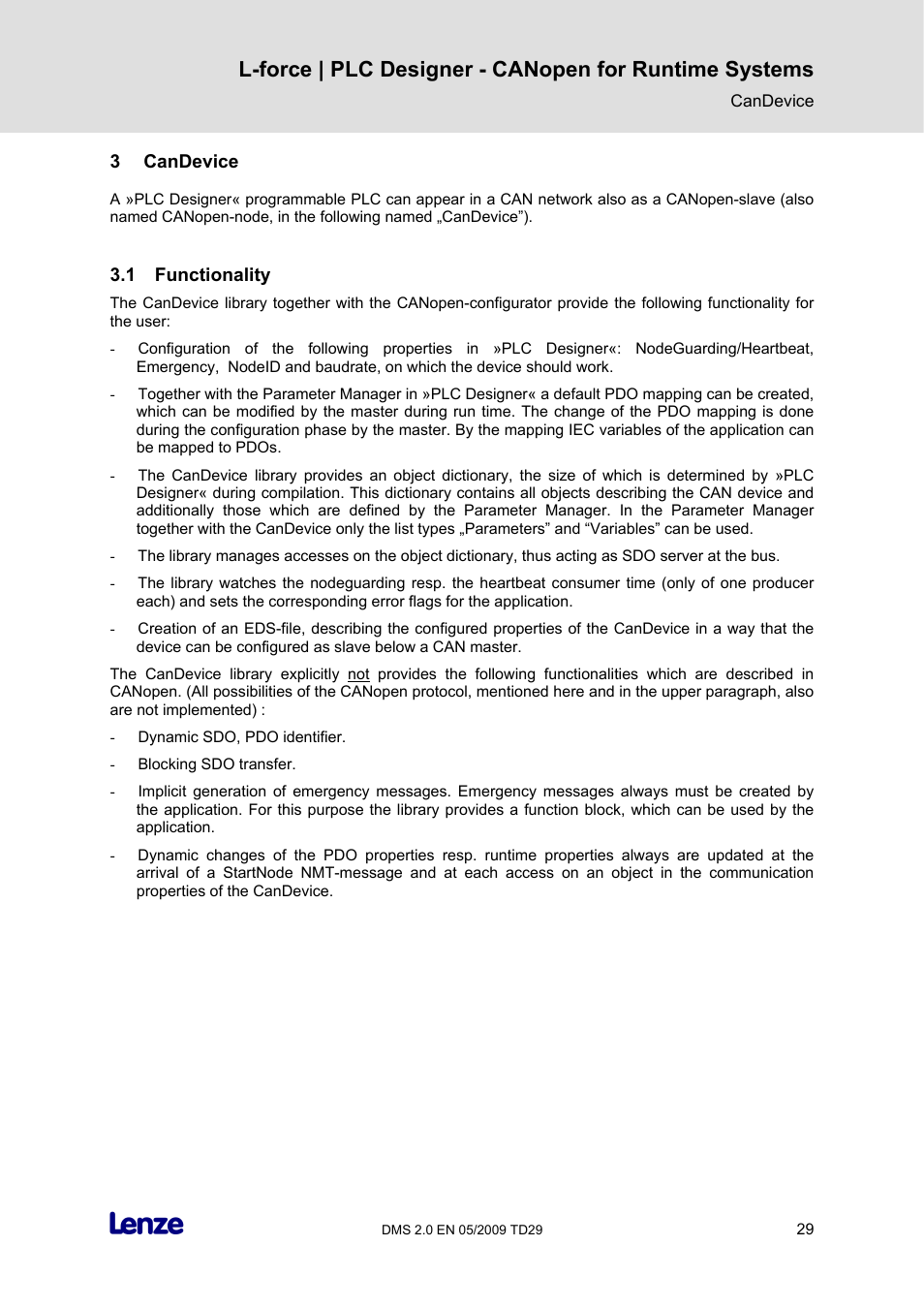 3 candevice, 1 functionality, Candevice | Functionality | Lenze PLC Designer PLC Designer (R2-x) CANopen for Runtime Systems User Manual | Page 30 / 56