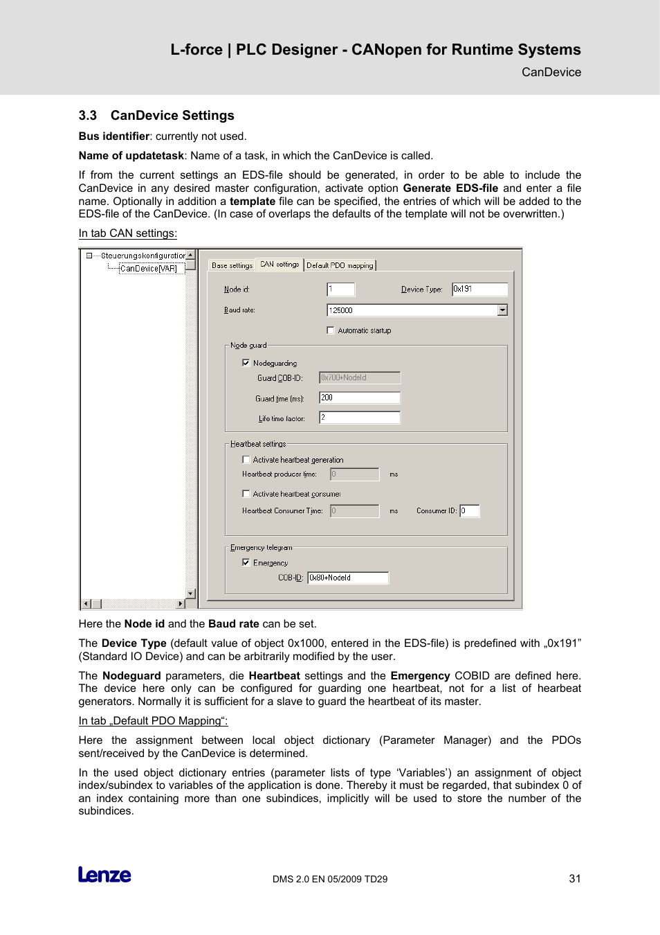 3 candevice settings, Candevice settings | Lenze PLC Designer PLC Designer (R2-x) CANopen for Runtime Systems User Manual | Page 32 / 56