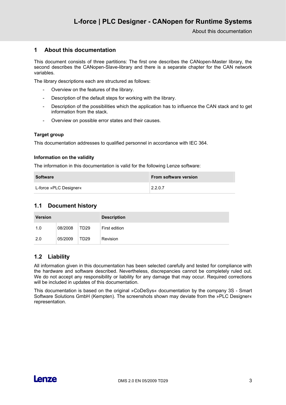 1 about this documentation, 1 document history, 2 liability | About this documentation, Document history, Liability | Lenze PLC Designer PLC Designer (R2-x) CANopen for Runtime Systems User Manual | Page 4 / 56