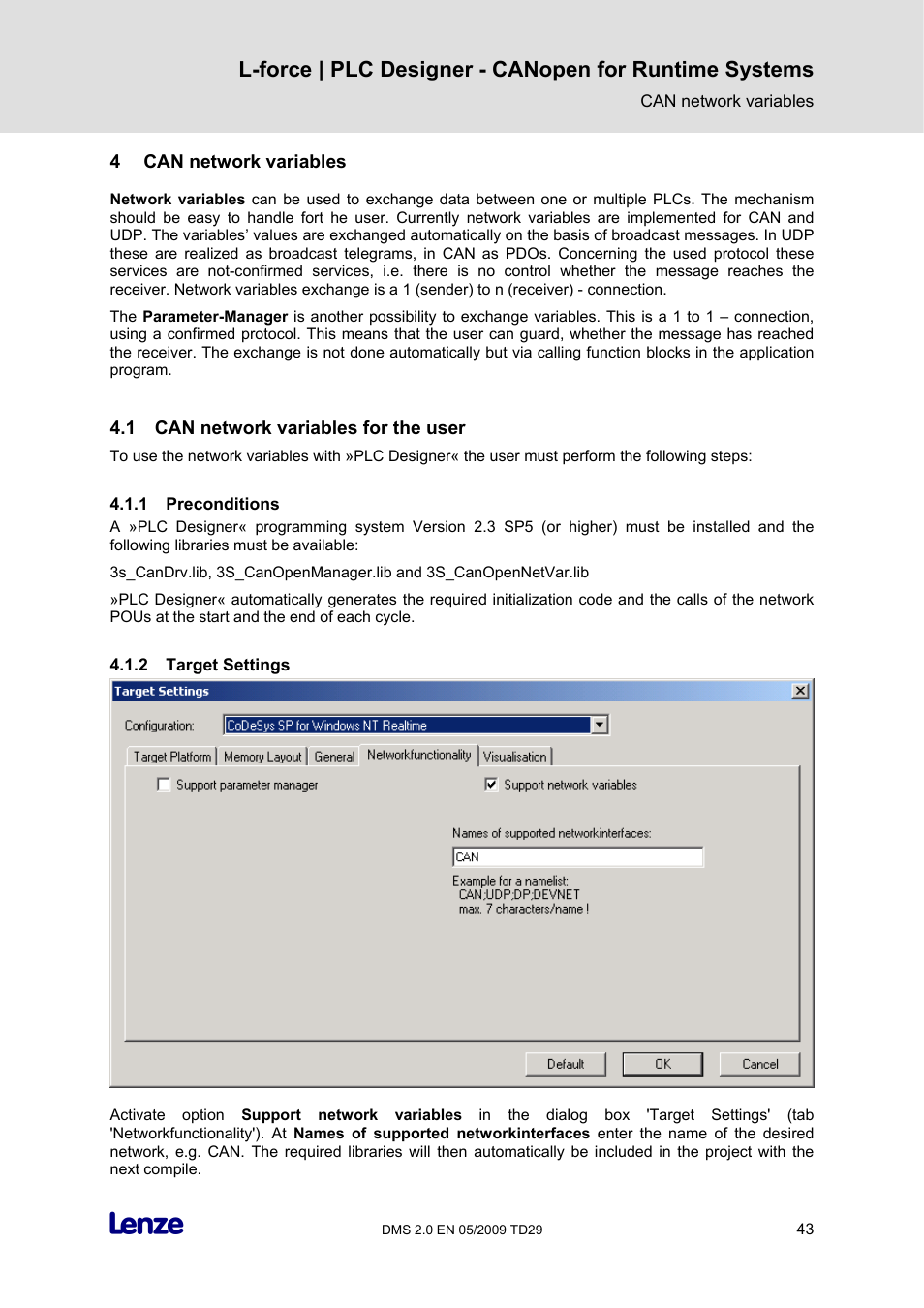 4 can network variables, 1 can network variables for the user, 1 preconditions | 2 target settings, Can network variables, Can network variables for the user, Preconditions, Target settings | Lenze PLC Designer PLC Designer (R2-x) CANopen for Runtime Systems User Manual | Page 44 / 56