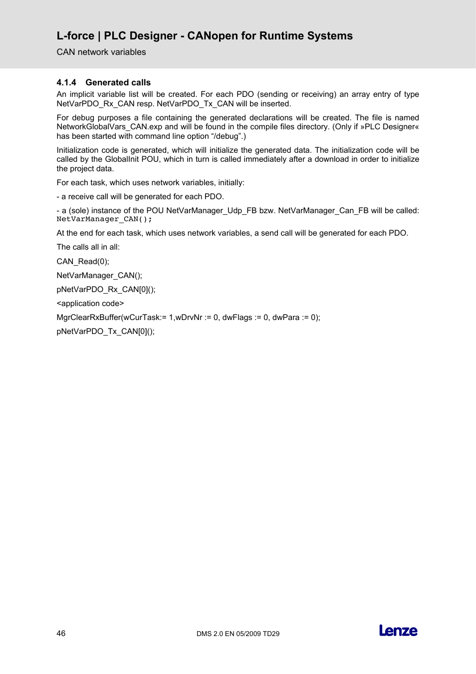 4 generated calls, Generated calls | Lenze PLC Designer PLC Designer (R2-x) CANopen for Runtime Systems User Manual | Page 47 / 56