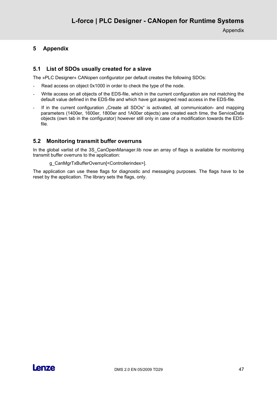 5 appendix, 1 list of sdos usually created for a slave, 2 monitoring transmit buffer overruns | Appendix, List of sdos usually created for a slave, Monitoring transmit buffer overruns | Lenze PLC Designer PLC Designer (R2-x) CANopen for Runtime Systems User Manual | Page 48 / 56