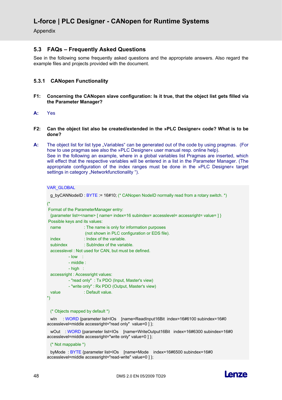 3 faqs – frequently asked questions, 1 canopen functionality, Faqs – frequently asked questions | Canopen functionality | Lenze PLC Designer PLC Designer (R2-x) CANopen for Runtime Systems User Manual | Page 49 / 56