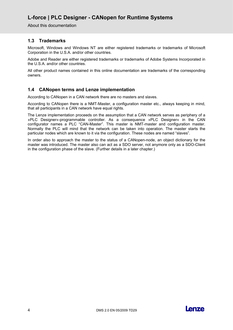 3 trademarks, 4 canopen terms and lenze implementation, Trademarks | Canopen terms and lenze implementation | Lenze PLC Designer PLC Designer (R2-x) CANopen for Runtime Systems User Manual | Page 5 / 56