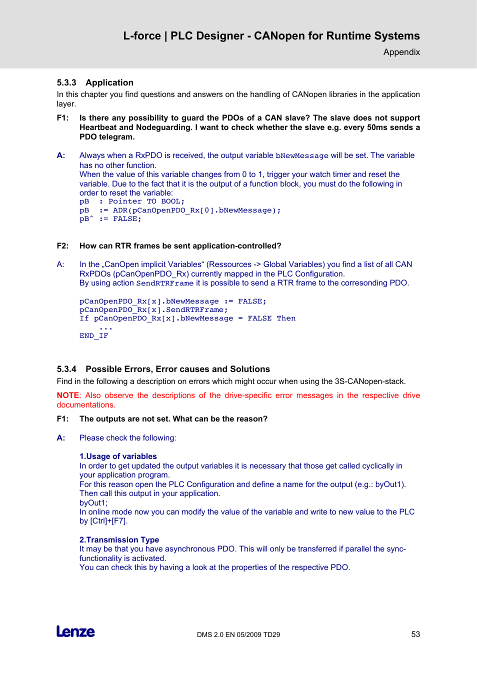 3 application, 4 possible errors, error causes and solutions, Application | Possible errors, error causes and solutions | Lenze PLC Designer PLC Designer (R2-x) CANopen for Runtime Systems User Manual | Page 54 / 56