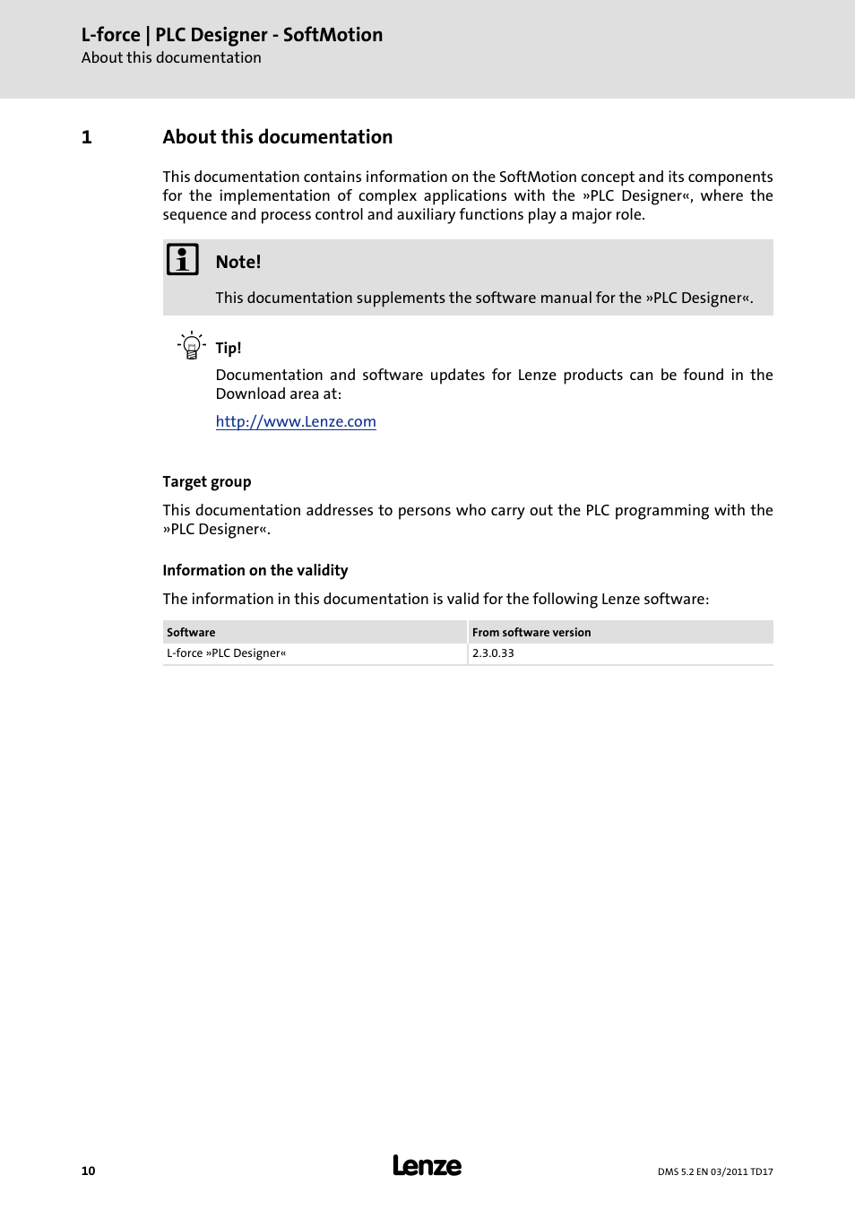 1 about this documentation, About this documentation | Lenze PLC Designer PLC-Designer (R2-x) SoftMotion User Manual | Page 10 / 290