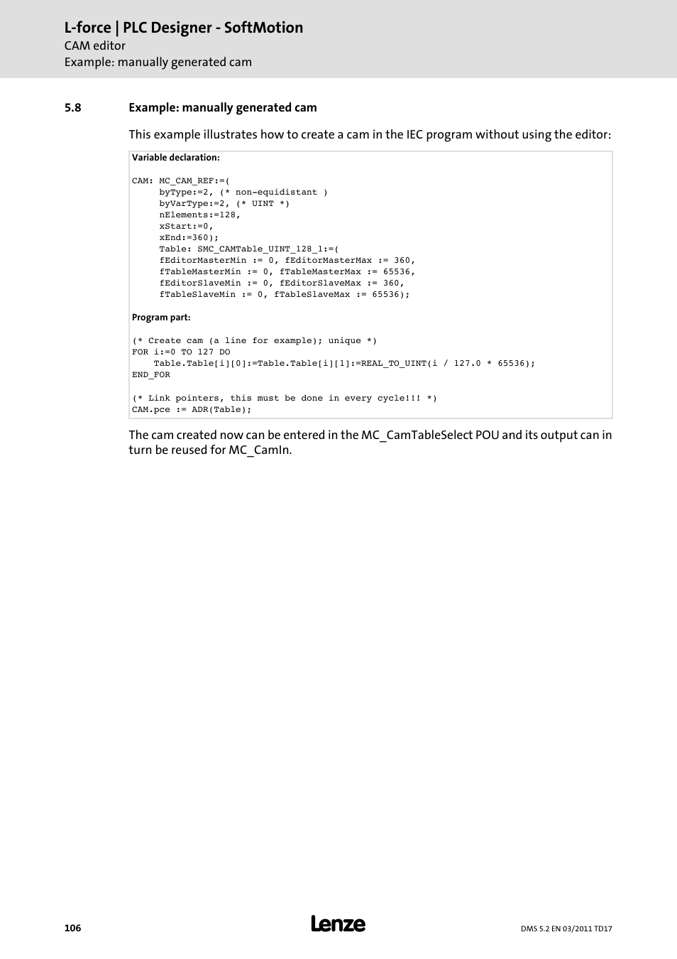 8 example: manually generated cam, Example: manually generated cam, L-force | plc designer - softmotion | Lenze PLC Designer PLC-Designer (R2-x) SoftMotion User Manual | Page 106 / 290