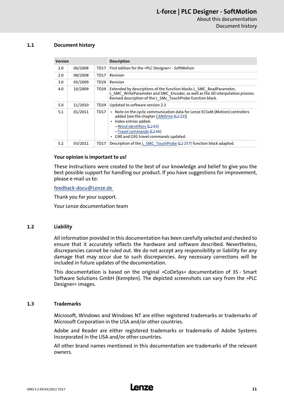 1 document history, 2 liability, 3 trademarks | Document history, Liability, Trademarks, L-force | plc designer - softmotion | Lenze PLC Designer PLC-Designer (R2-x) SoftMotion User Manual | Page 11 / 290